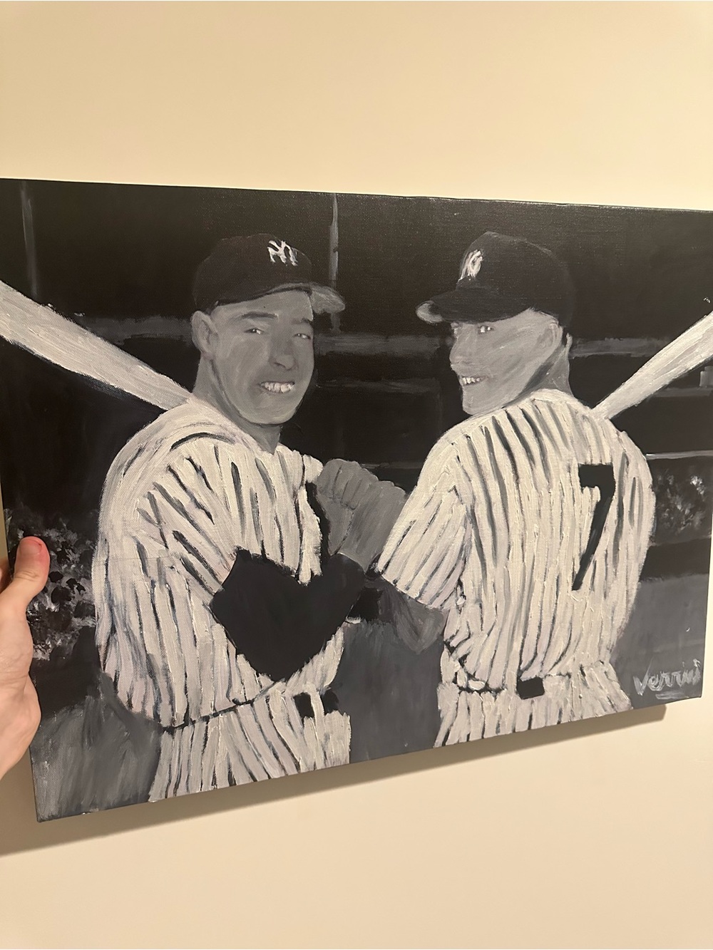 Mickey mantle Joe DiMaggio original painting signed by artist 24x18 HUGE